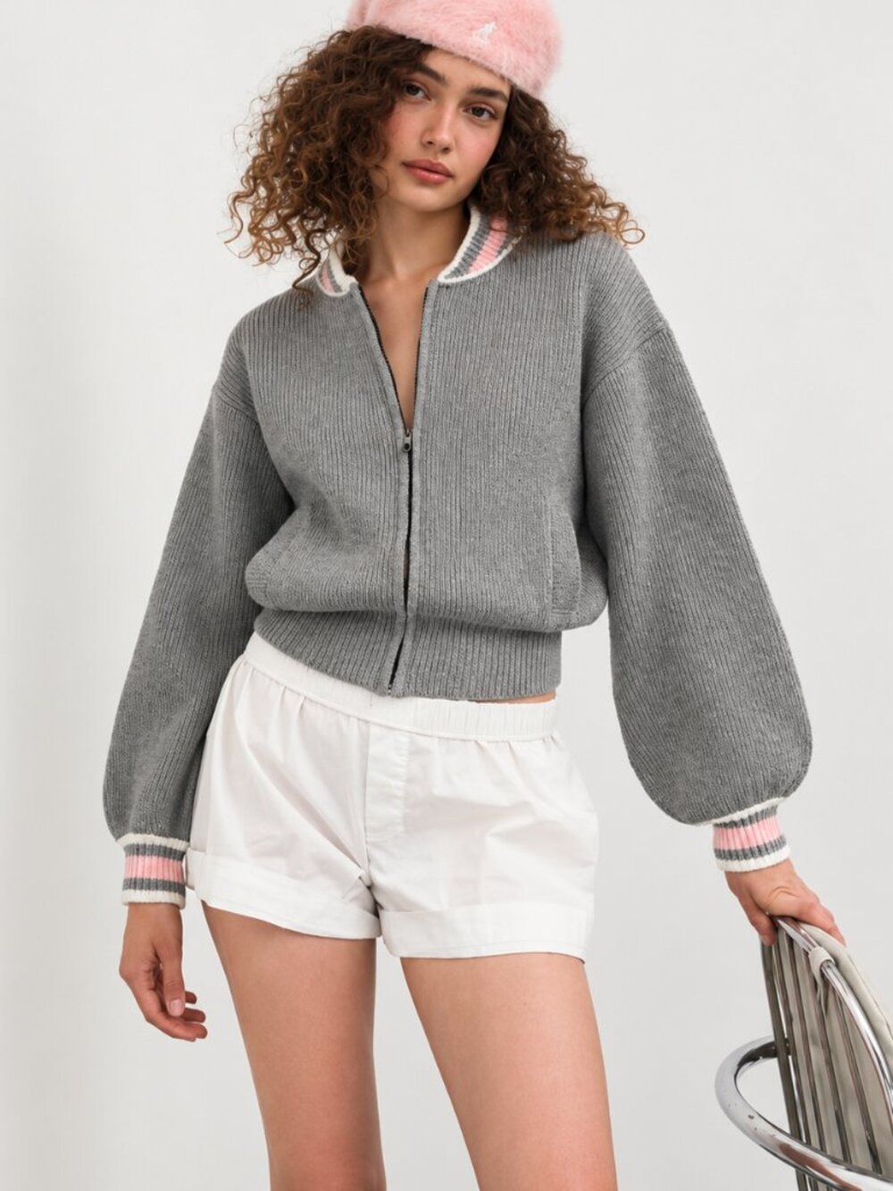 For Love & Lemons Petra Knit Jacket Size S Gray Pink Stripe Zip Up $198